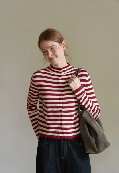 Striped Ribbed Knit Cardigan with Stand Collar