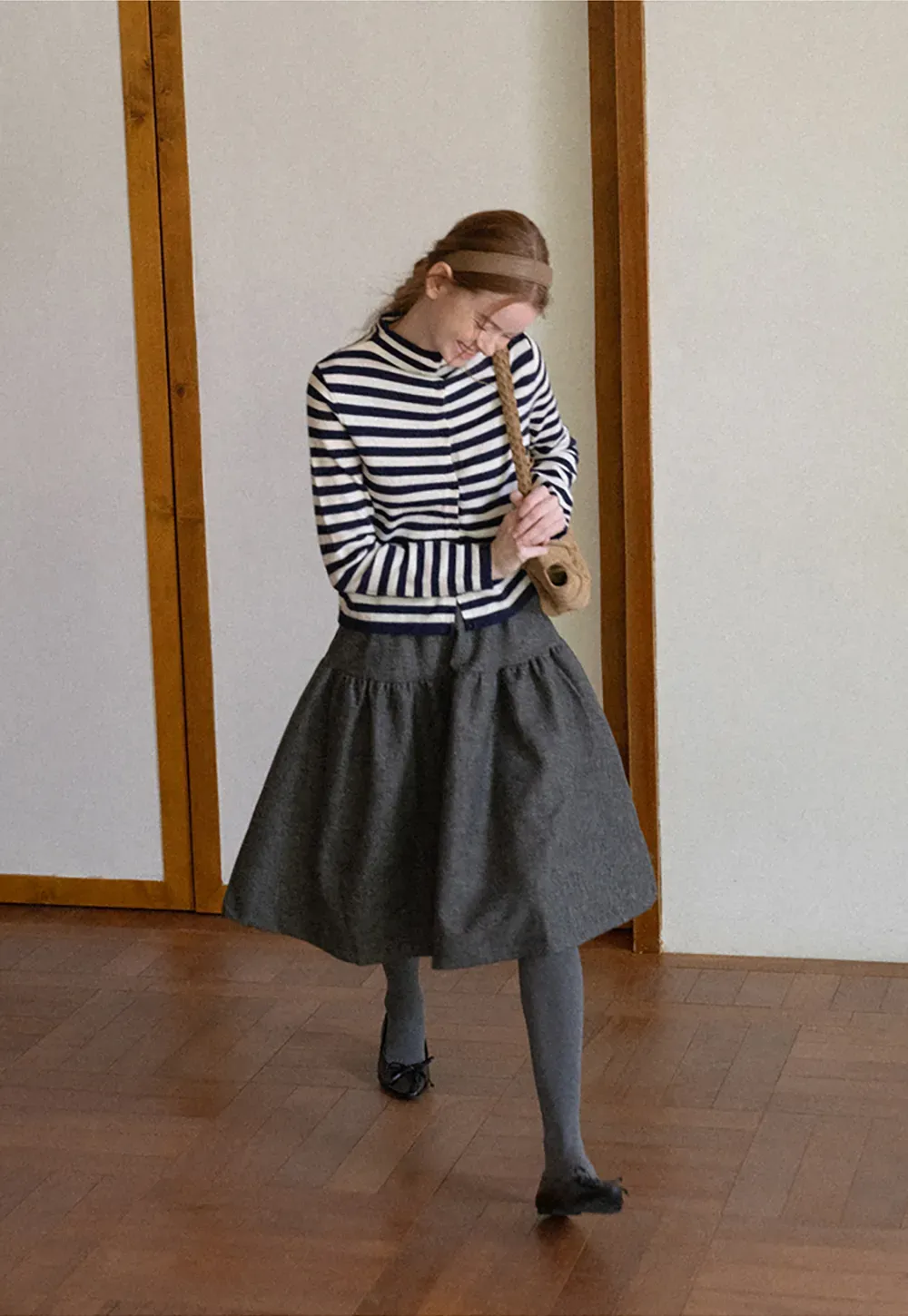 Striped Ribbed Knit Cardigan with Stand Collar