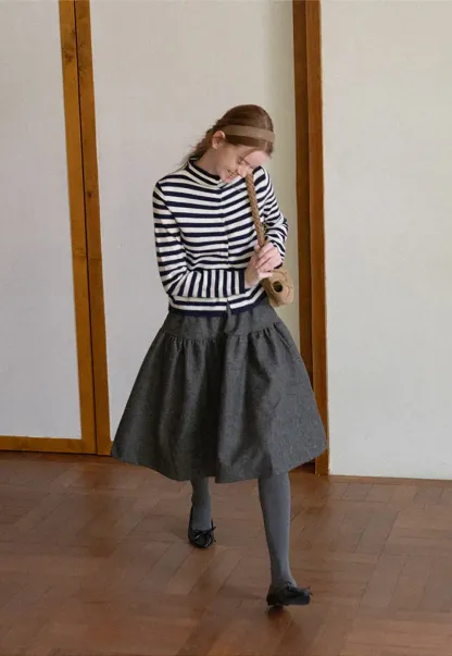 Striped Ribbed Knit Cardigan with Stand Collar