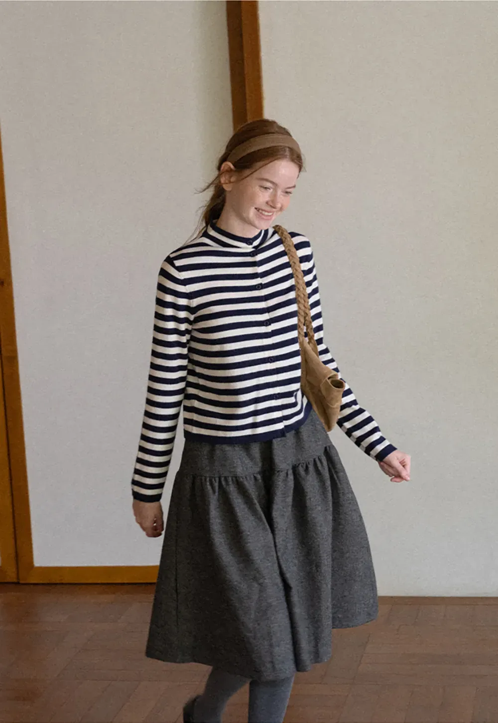 Striped Ribbed Knit Cardigan with Stand Collar