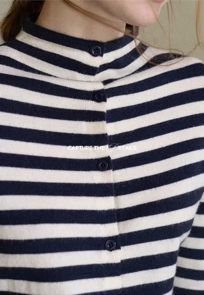 Striped Ribbed Knit Cardigan with Stand Collar