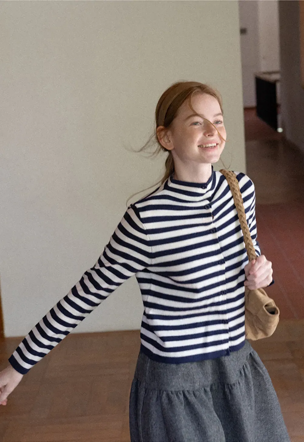Striped Ribbed Knit Cardigan with Stand Collar