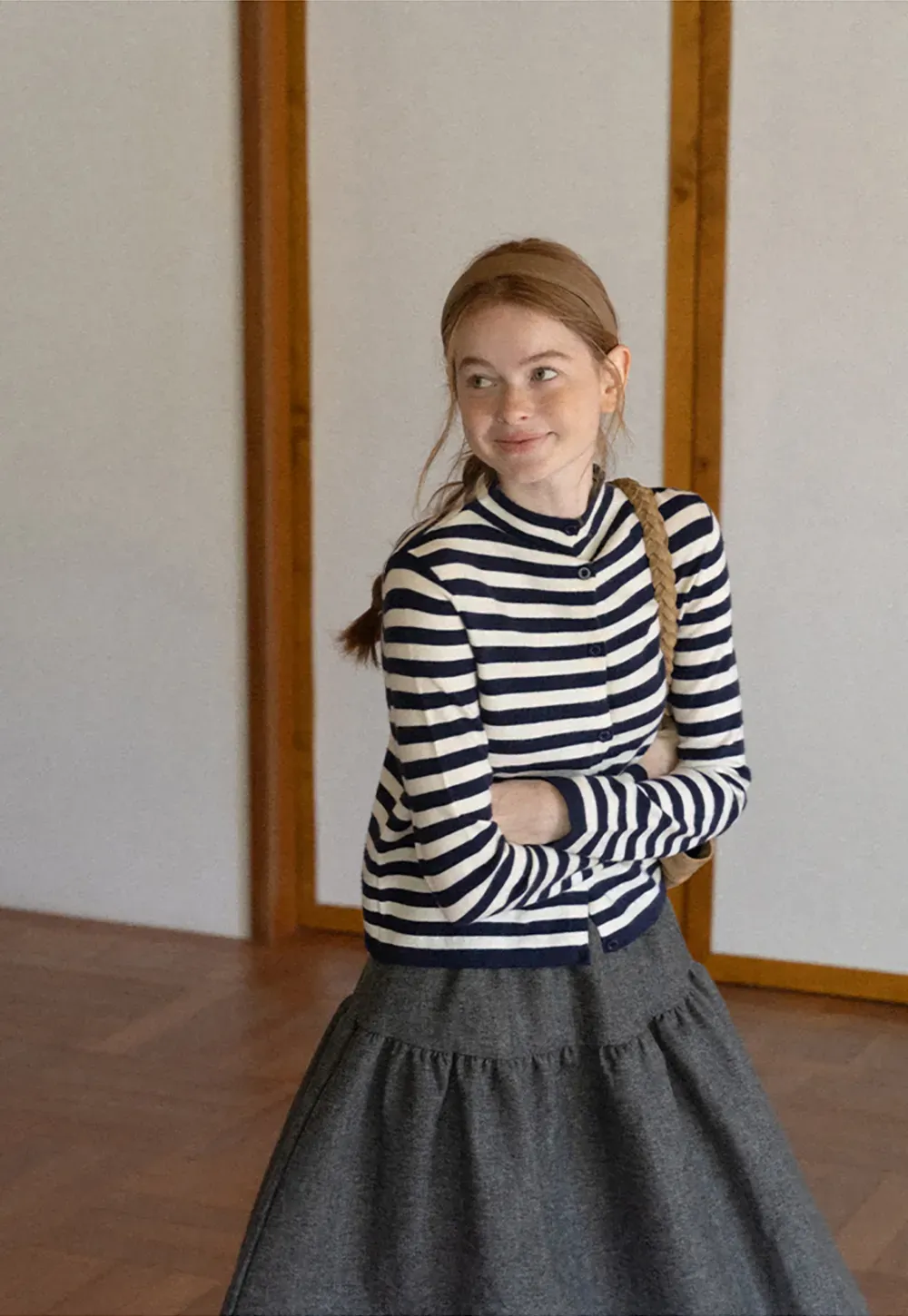 Striped Ribbed Knit Cardigan with Stand Collar