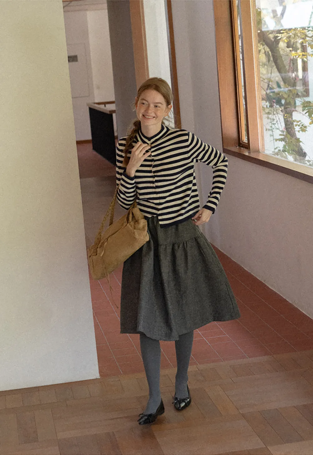 Striped Ribbed Knit Cardigan with Stand Collar