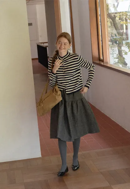 Striped Ribbed Knit Cardigan with Stand Collar