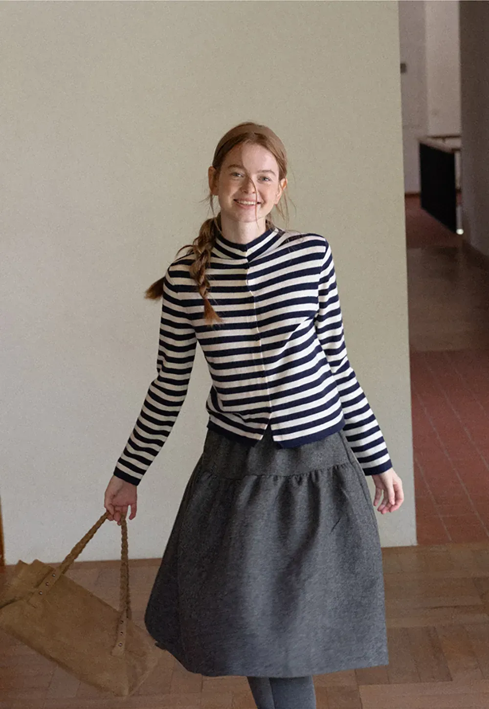 Striped Ribbed Knit Cardigan with Stand Collar
