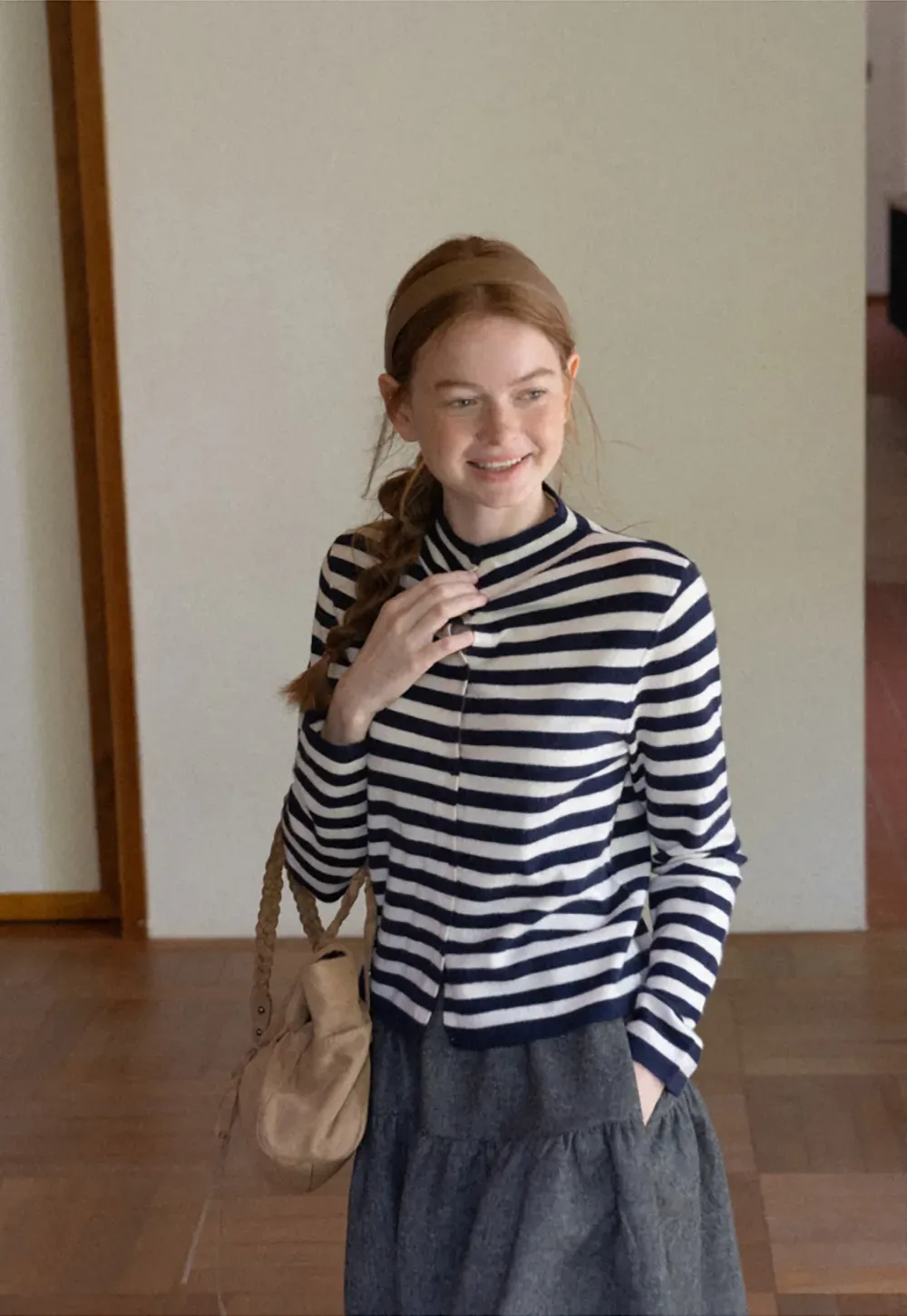 Striped Ribbed Knit Cardigan with Stand Collar