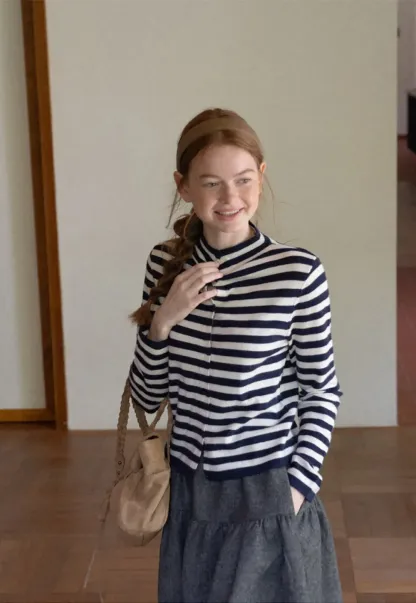 Striped Ribbed Knit Cardigan with Stand Collar