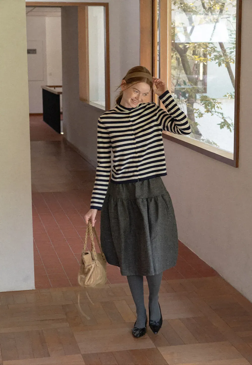 Striped Ribbed Knit Cardigan with Stand Collar