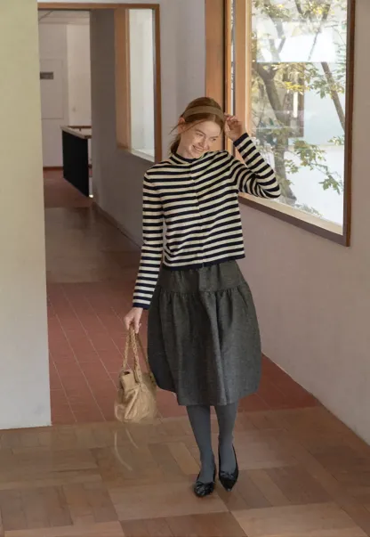 Striped Ribbed Knit Cardigan with Stand Collar