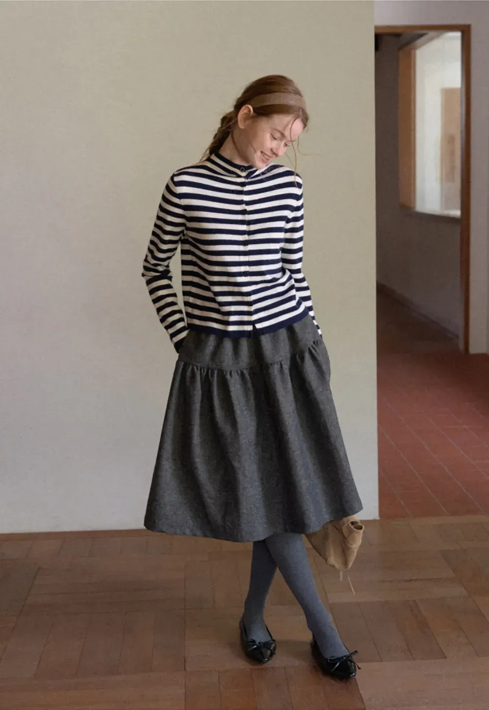 Striped Ribbed Knit Cardigan with Stand Collar