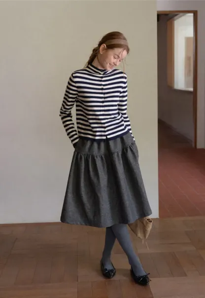 Striped Ribbed Knit Cardigan with Stand Collar