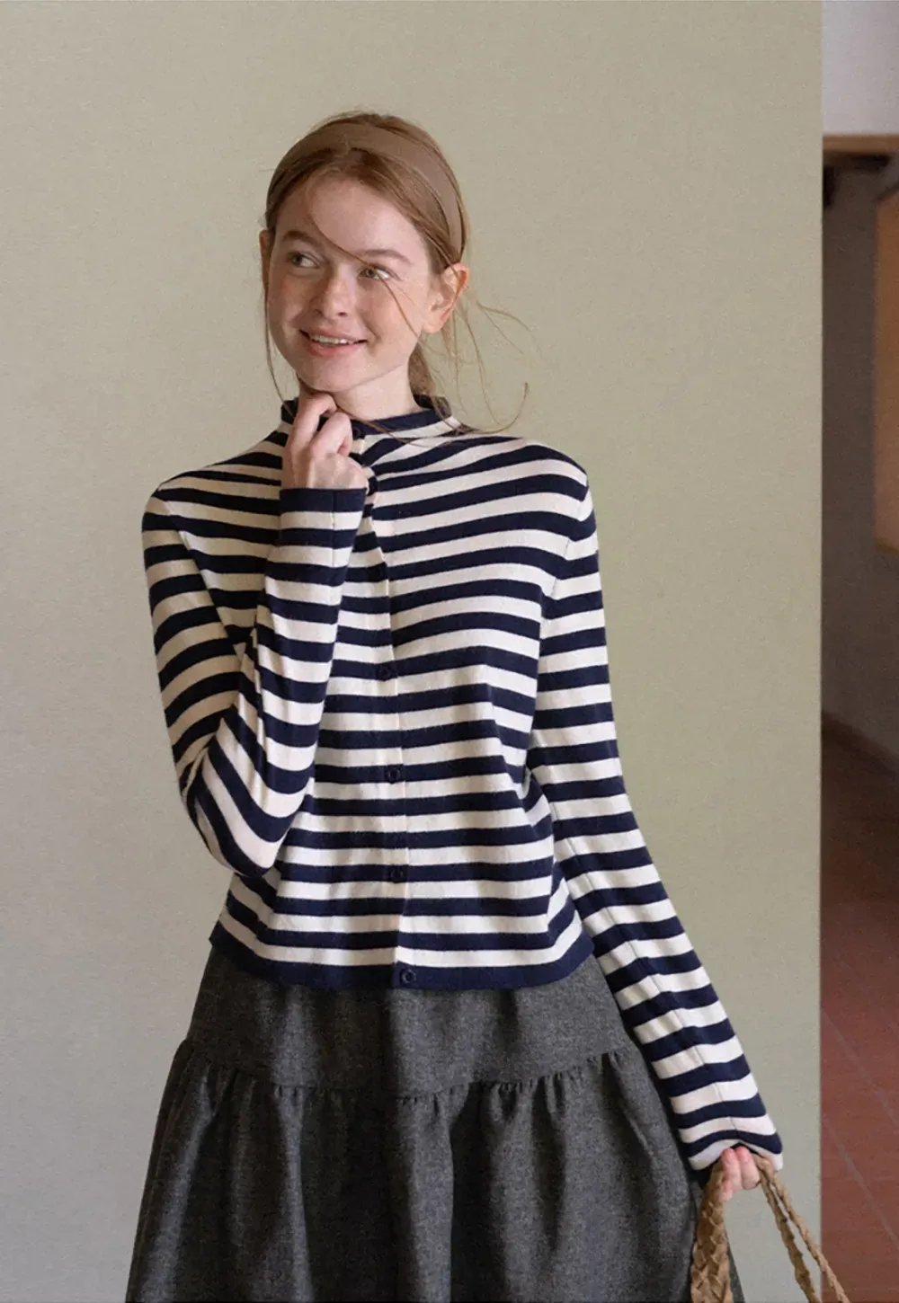 Striped Ribbed Knit Cardigan with Stand Collar
