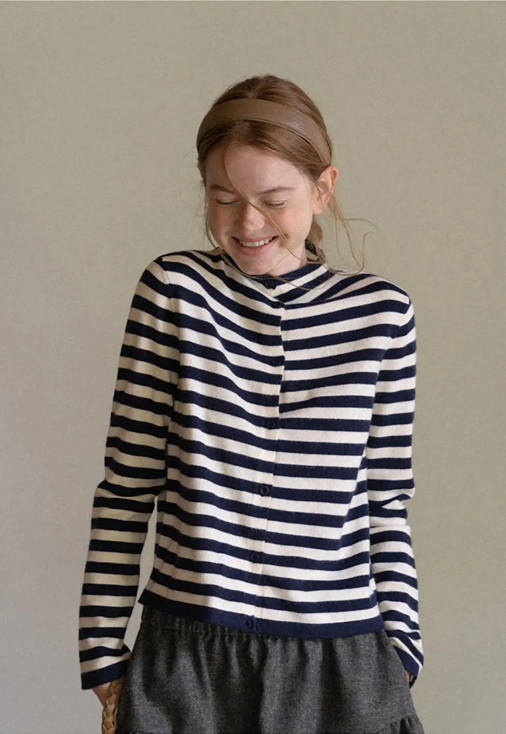 Striped Ribbed Knit Cardigan with Stand Collar