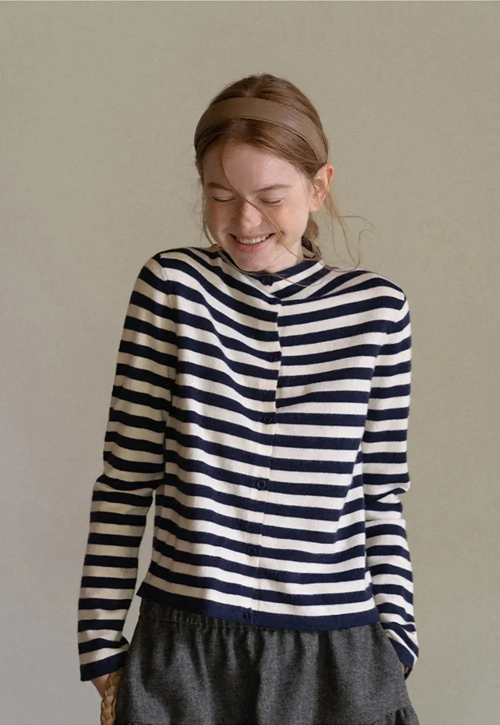 Striped Ribbed Knit Cardigan with Stand Collar