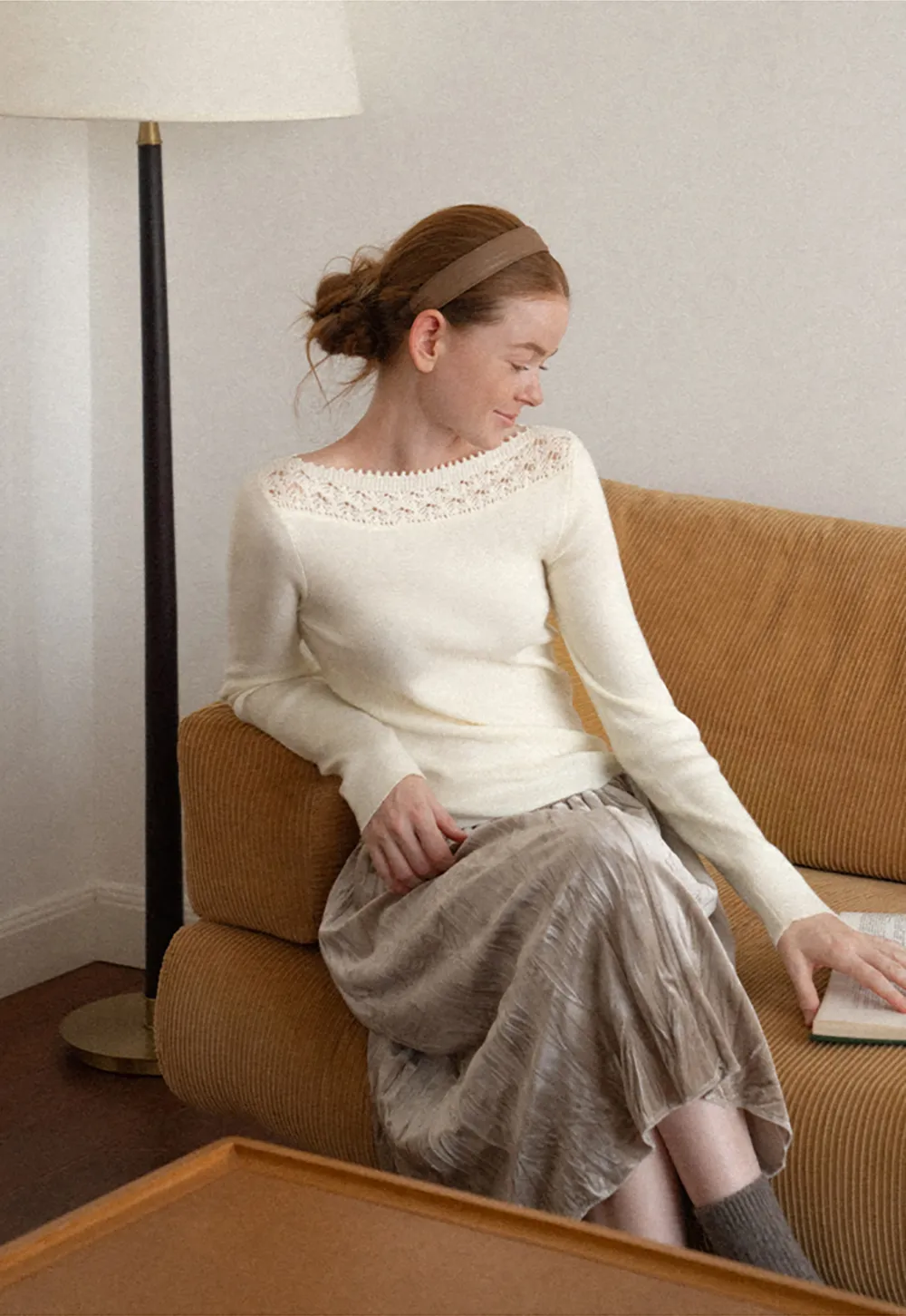 Lace Trim Ribbed Neck Knit Sweater