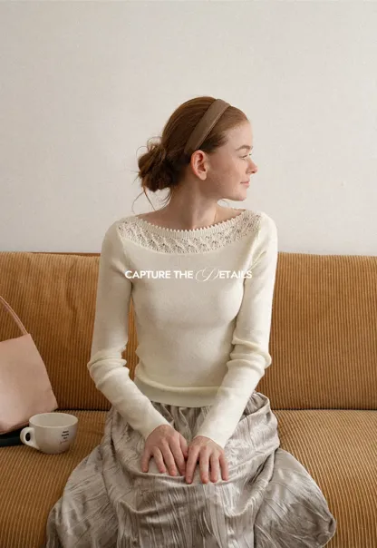 Lace Trim Ribbed Neck Knit Sweater