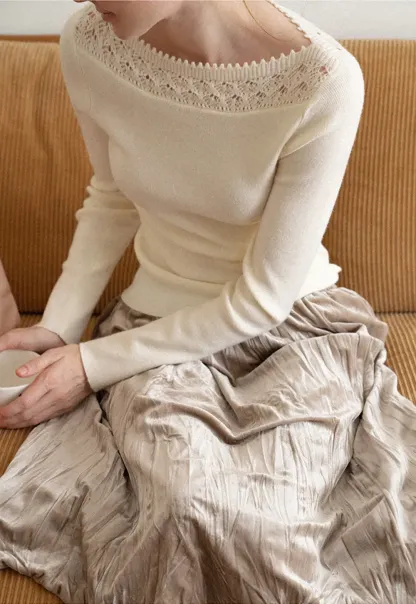 Lace Trim Ribbed Neck Knit Sweater