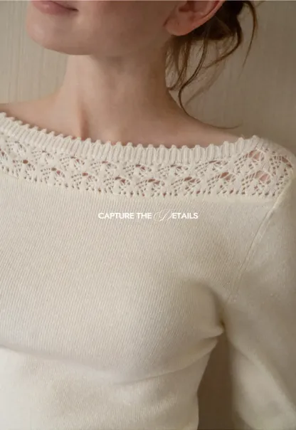 Lace Trim Ribbed Neck Knit Sweater