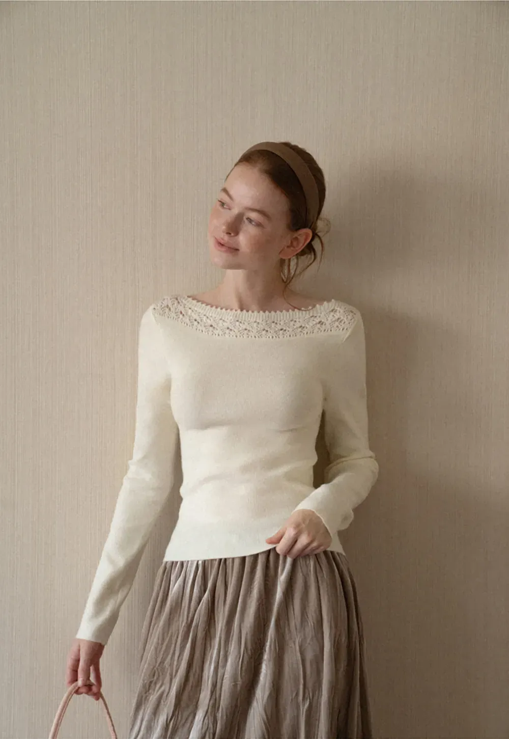 Lace Trim Ribbed Neck Knit Sweater
