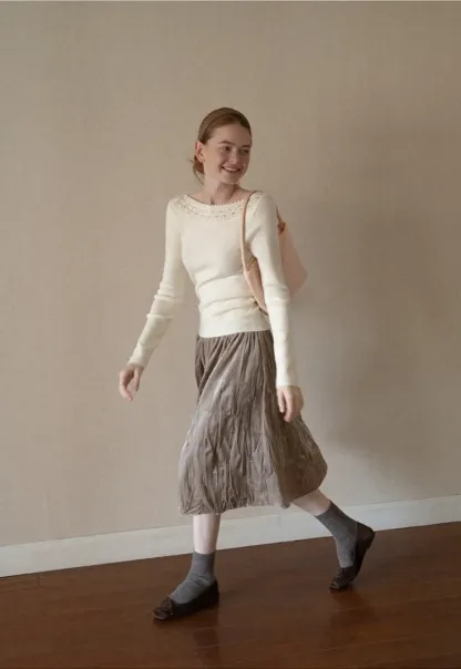 Lace Trim Ribbed Neck Knit Sweater