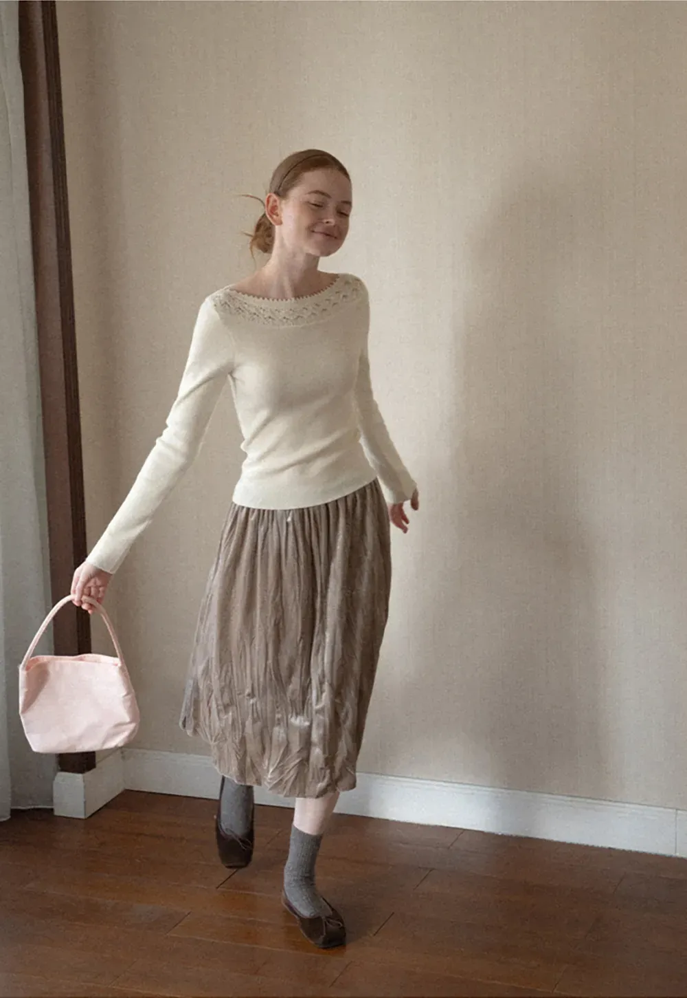 Lace Trim Ribbed Neck Knit Sweater