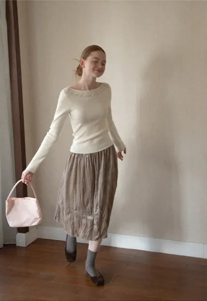 Lace Trim Ribbed Neck Knit Sweater
