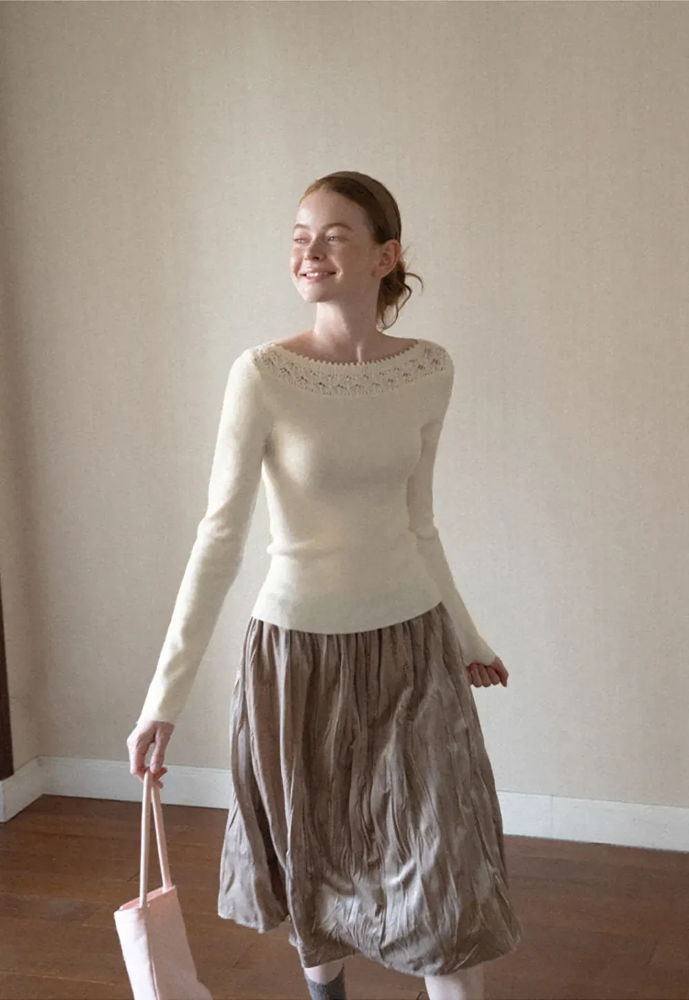 Lace Trim Ribbed Neck Knit Sweater