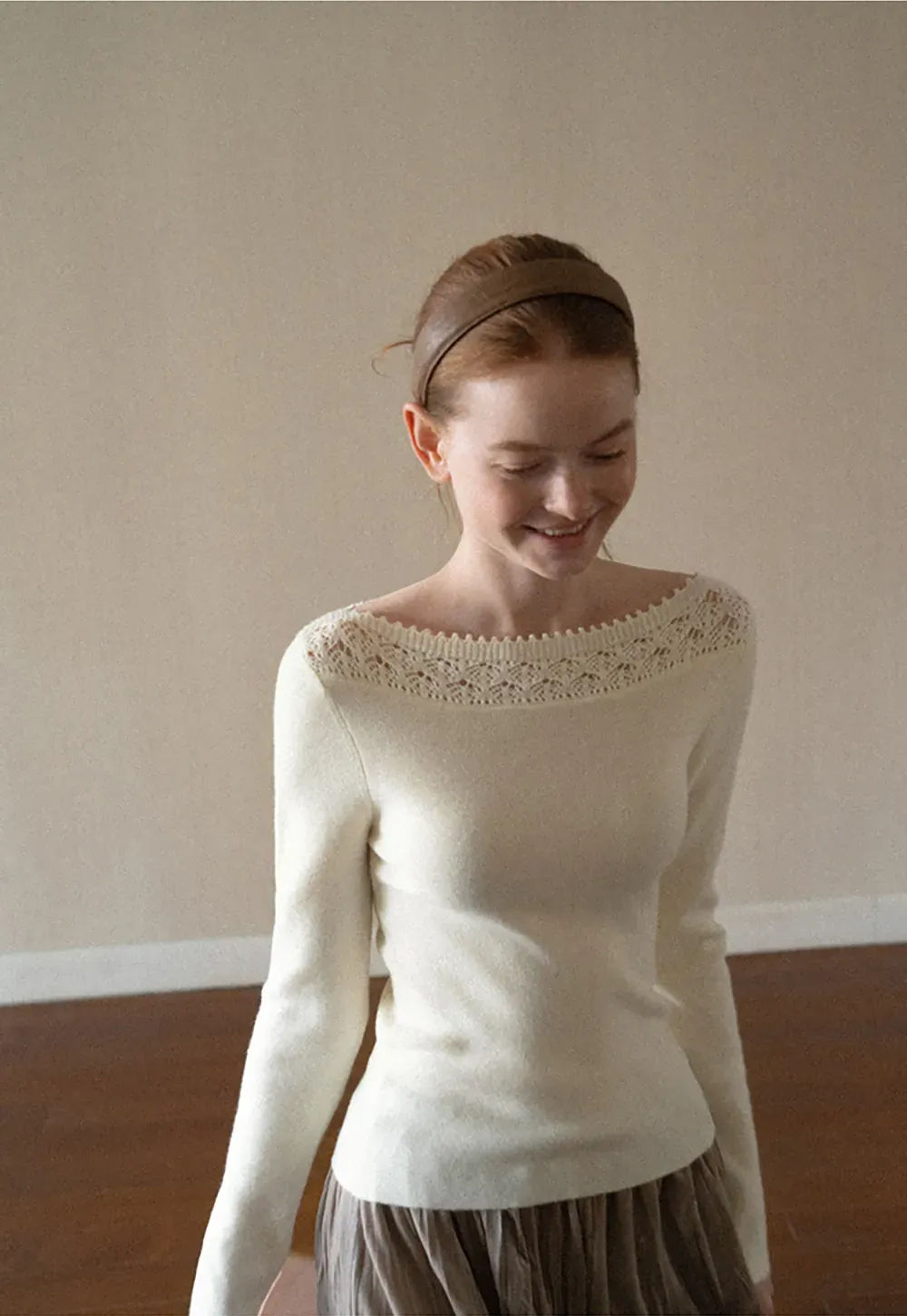 Lace Trim Ribbed Neck Knit Sweater