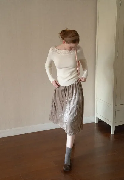 Lace Trim Ribbed Neck Knit Sweater