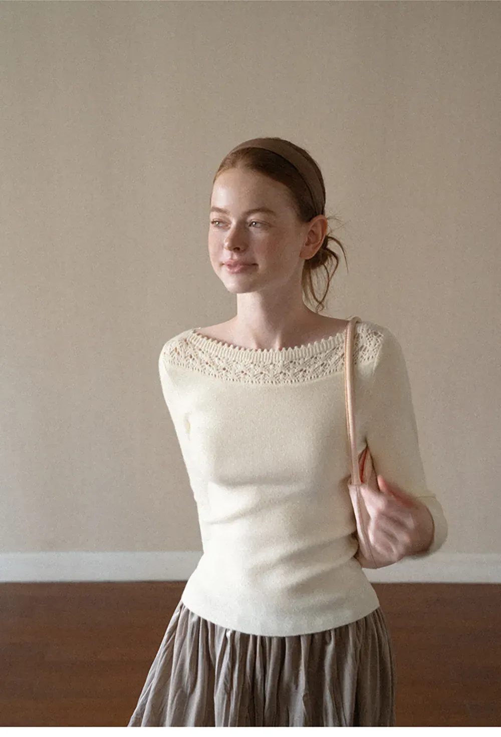 Lace Trim Ribbed Neck Knit Sweater