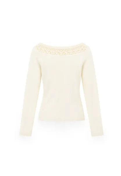 Lace Trim Ribbed Neck Knit Sweater