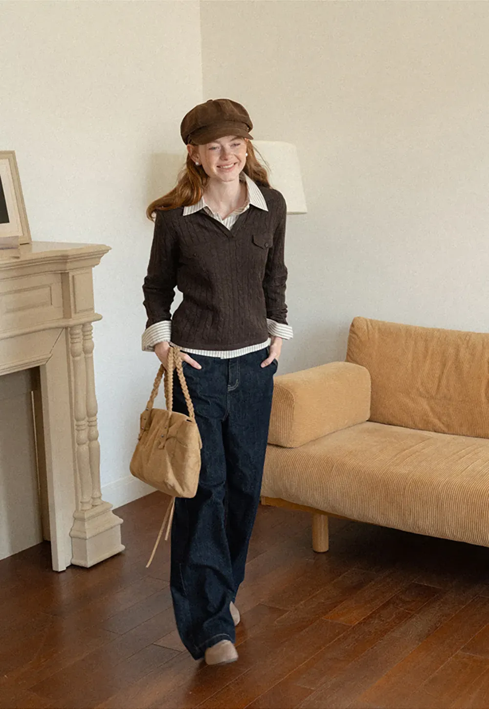 Ribbed Knit Cardigan with Collar and Patch Pockets