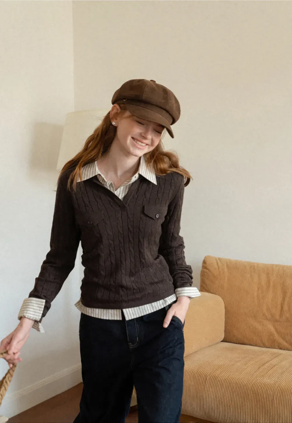 Ribbed Knit Cardigan with Collar and Patch Pockets