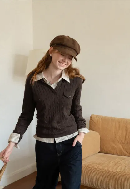 Ribbed Knit Cardigan with Collar and Patch Pockets