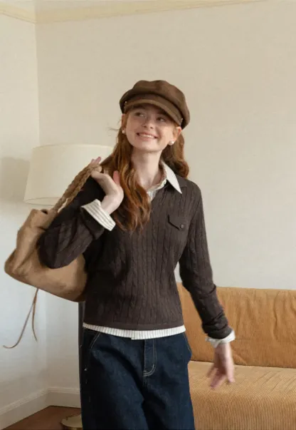 Ribbed Knit Cardigan with Collar and Patch Pockets