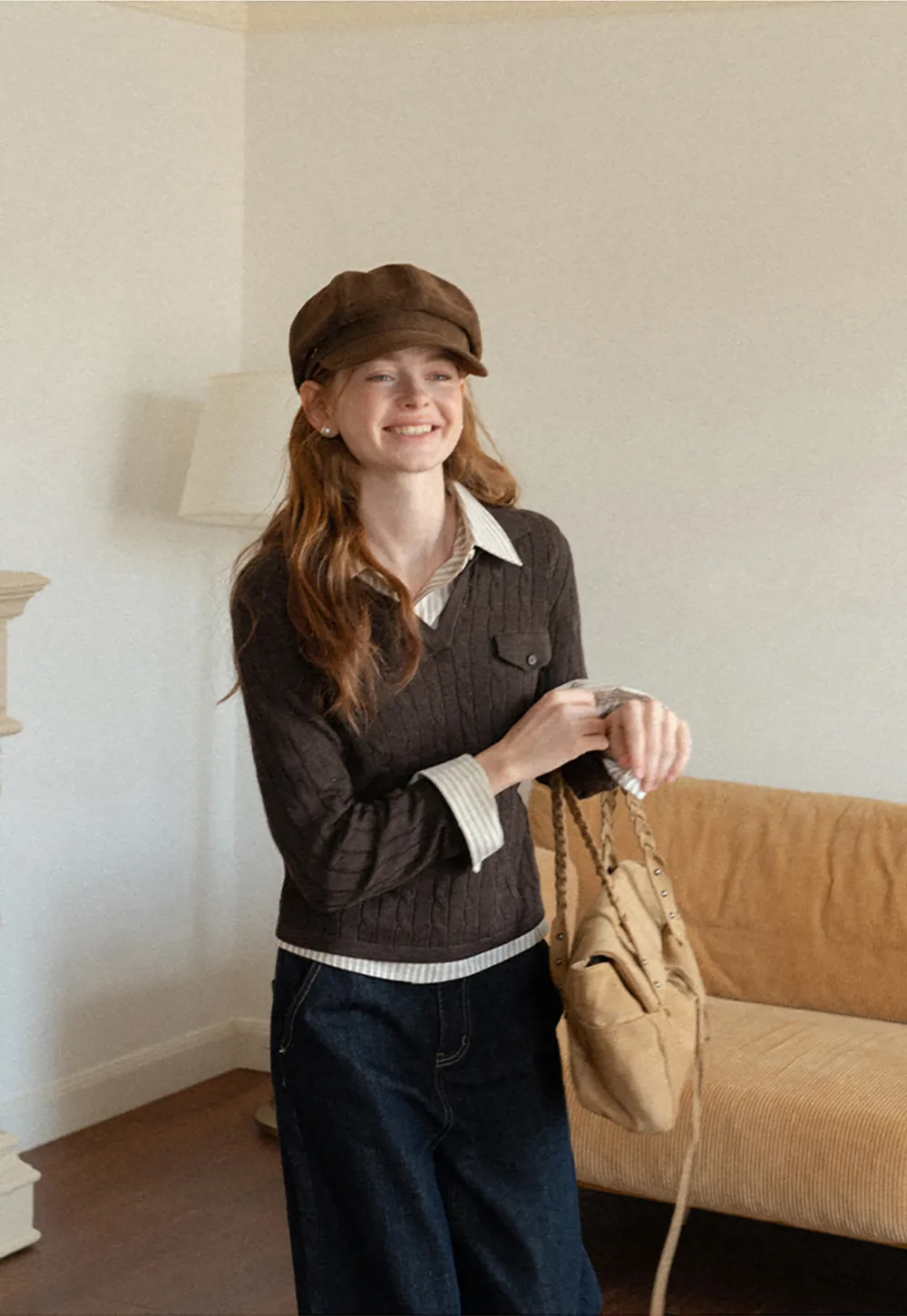 Ribbed Knit Cardigan with Collar and Patch Pockets