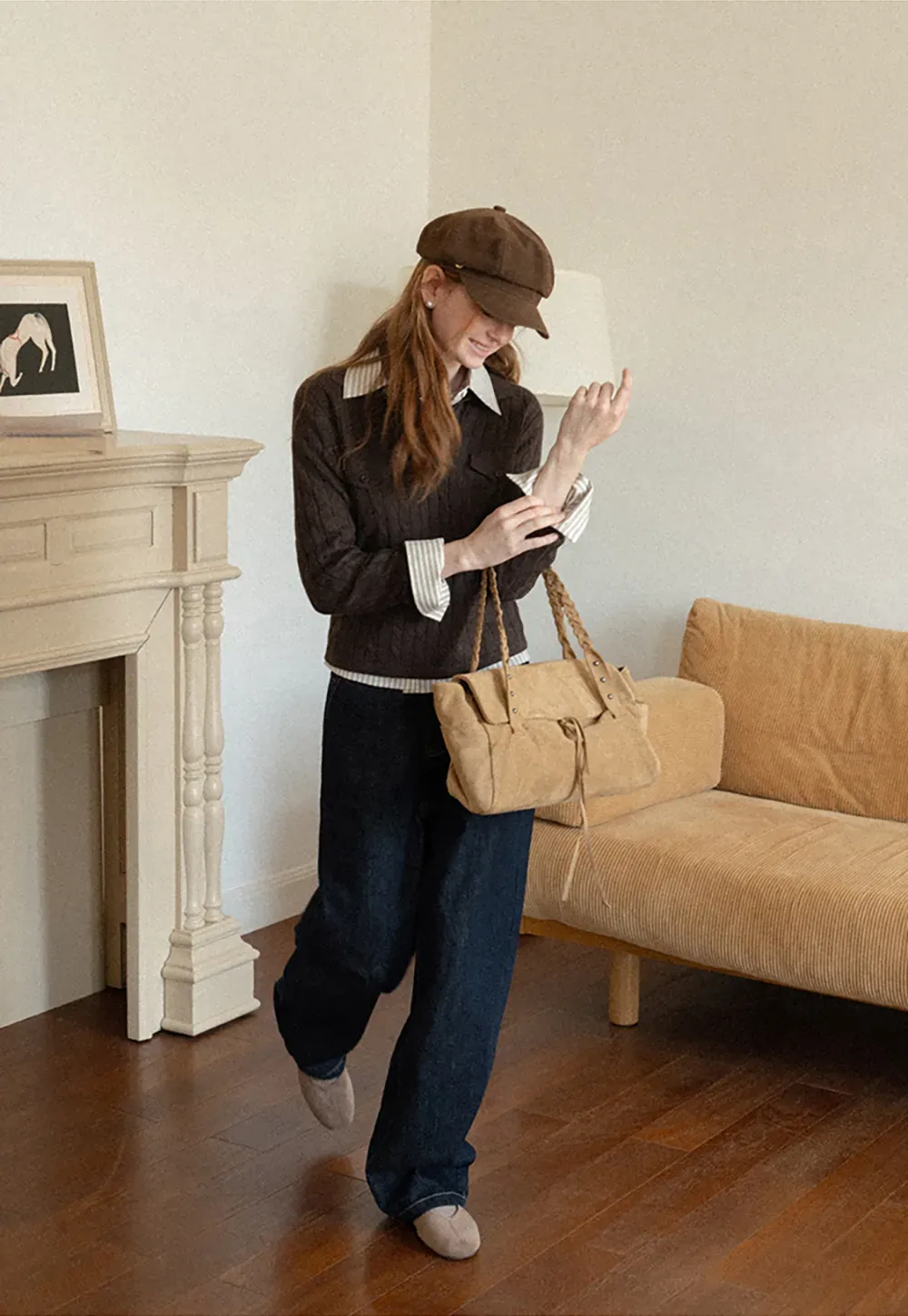 Ribbed Knit Cardigan with Collar and Patch Pockets