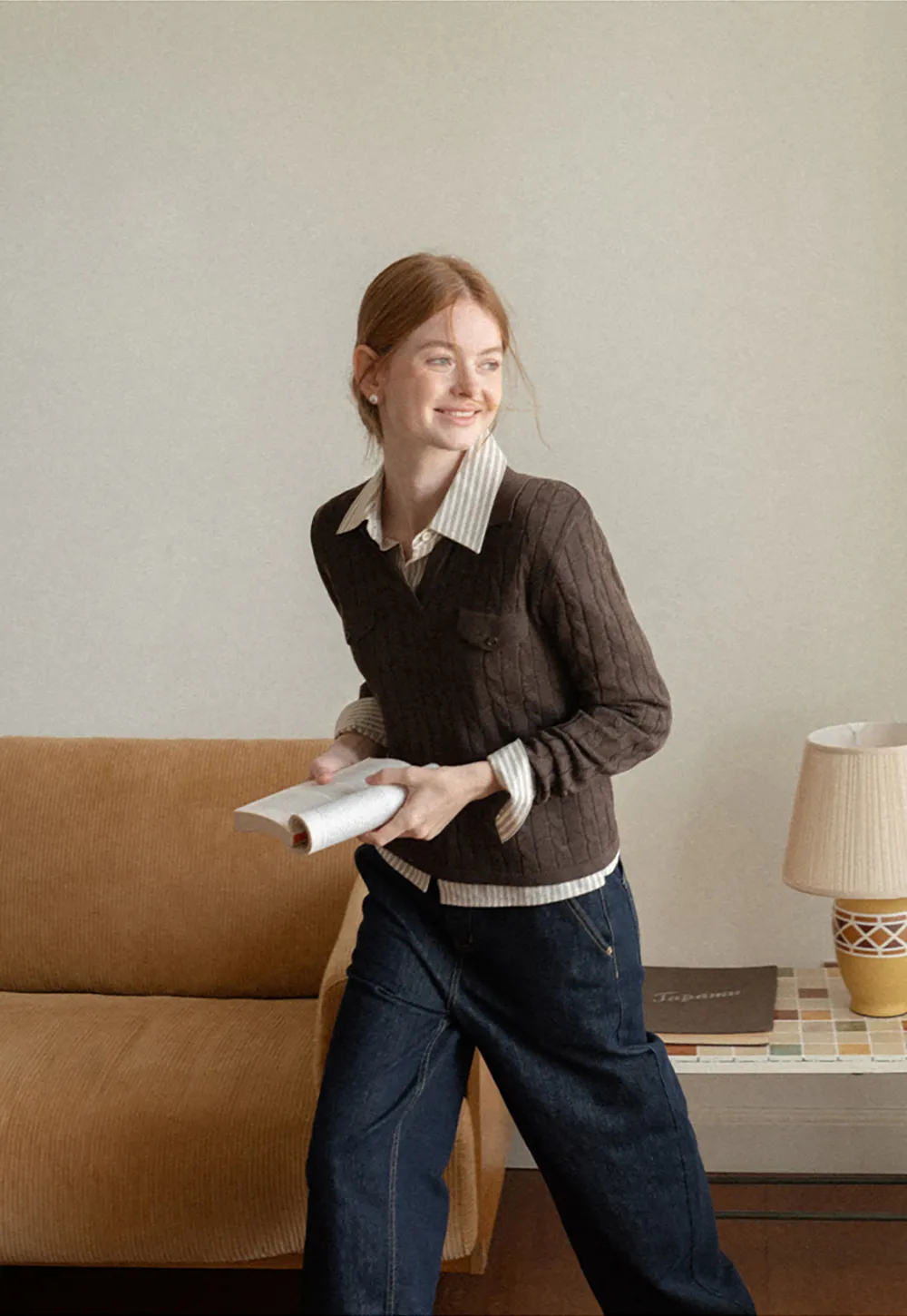 Ribbed Knit Cardigan with Collar and Patch Pockets