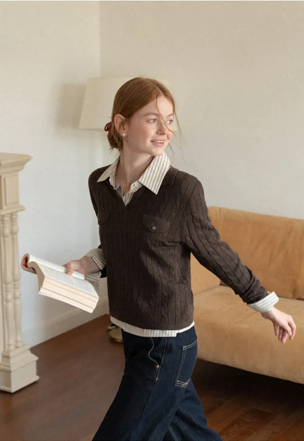 Ribbed Knit Cardigan with Collar and Patch Pockets