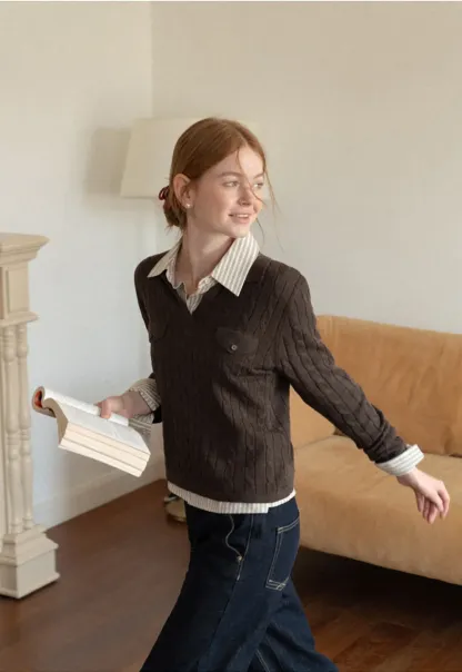 Ribbed Knit Cardigan with Collar and Patch Pockets
