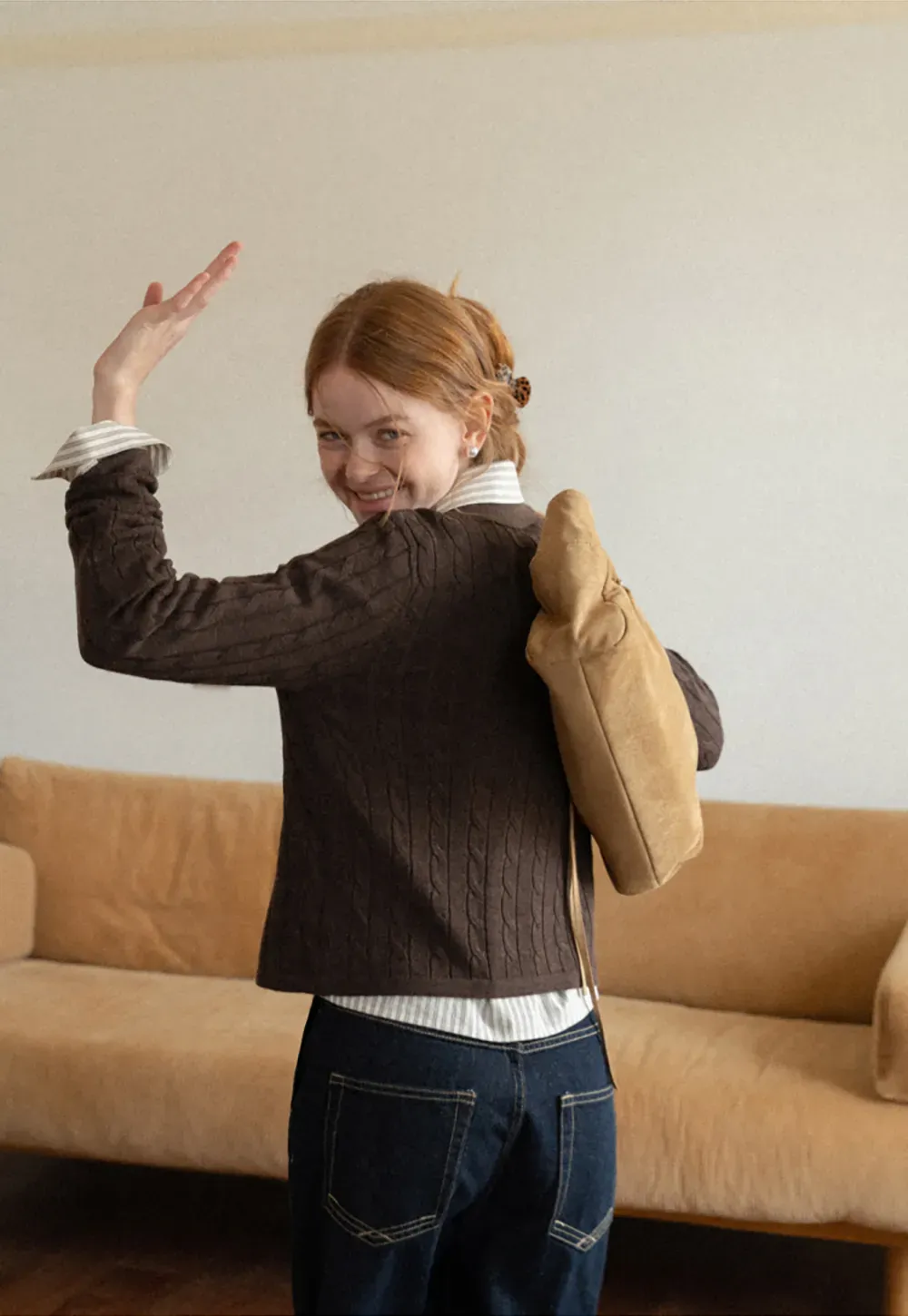 Ribbed Knit Cardigan with Collar and Patch Pockets
