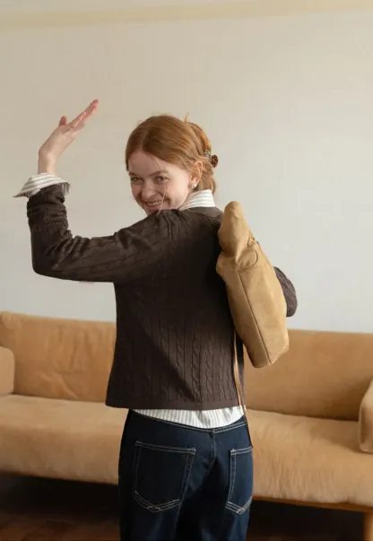 Ribbed Knit Cardigan with Collar and Patch Pockets