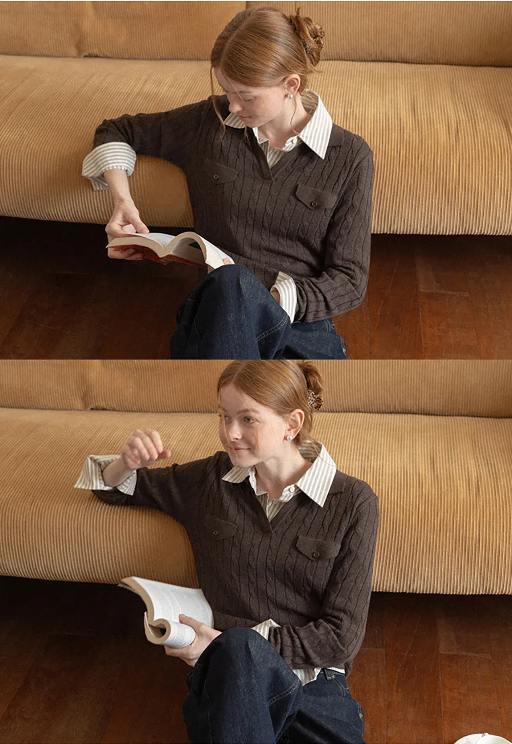 Ribbed Knit Cardigan with Collar and Patch Pockets