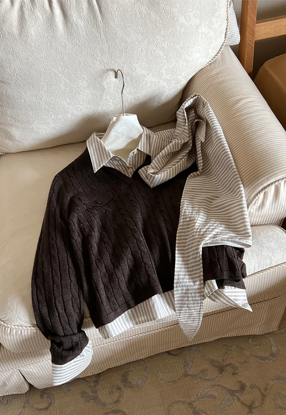 Ribbed Knit Cardigan with Collar and Patch Pockets