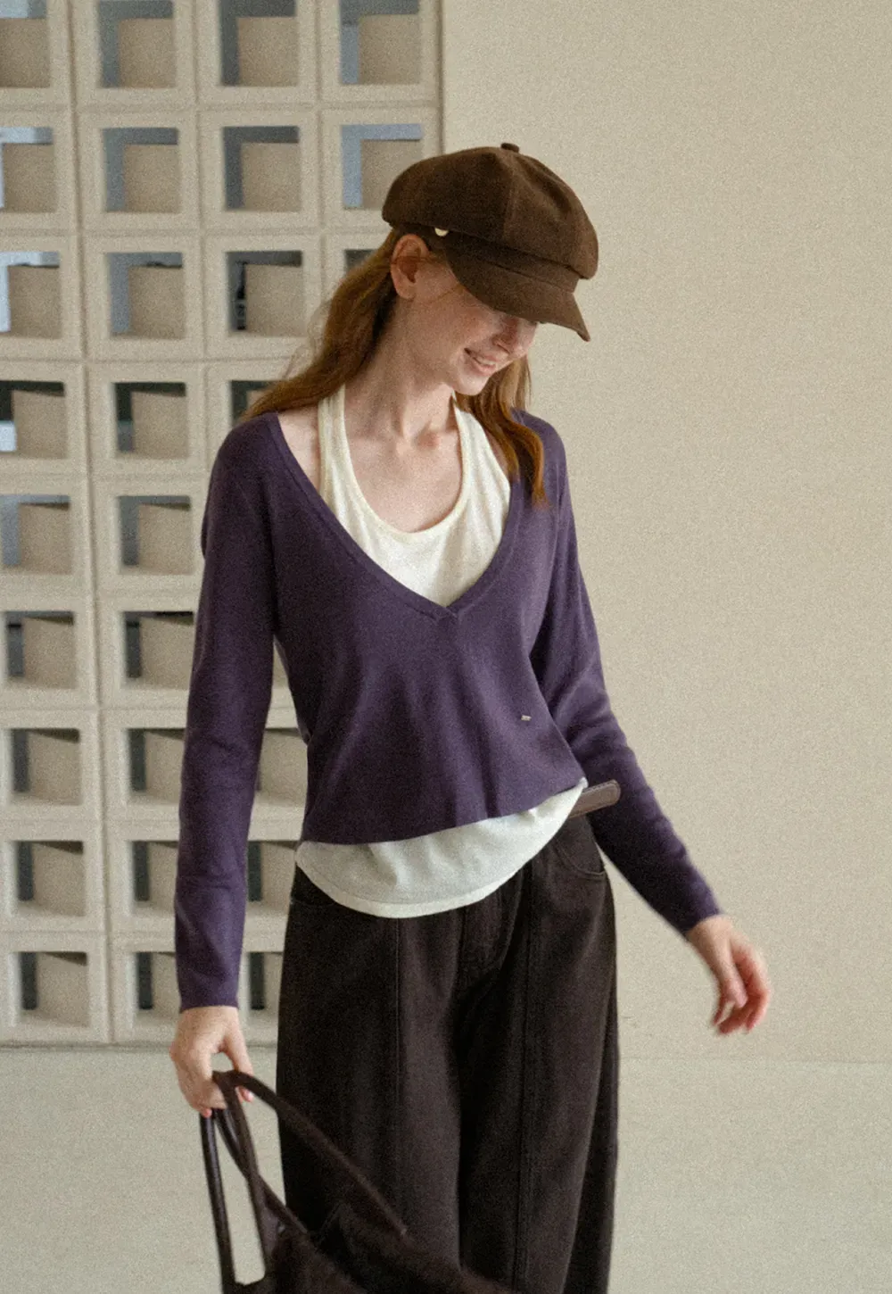 V Neck Cropped Woolen Knit Sweater