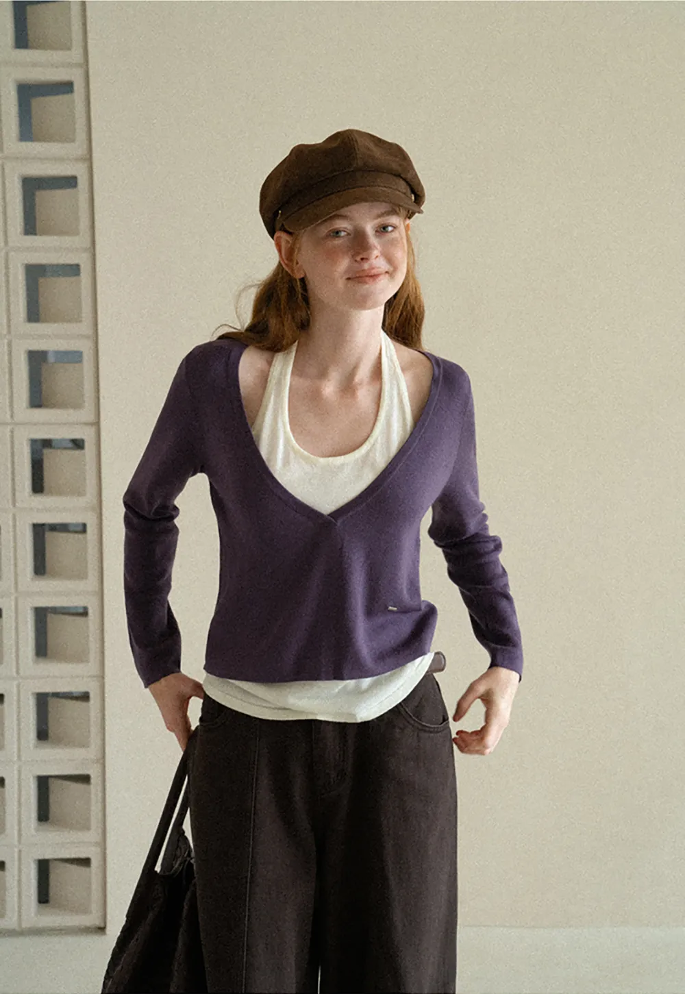 V Neck Cropped Woolen Knit Sweater