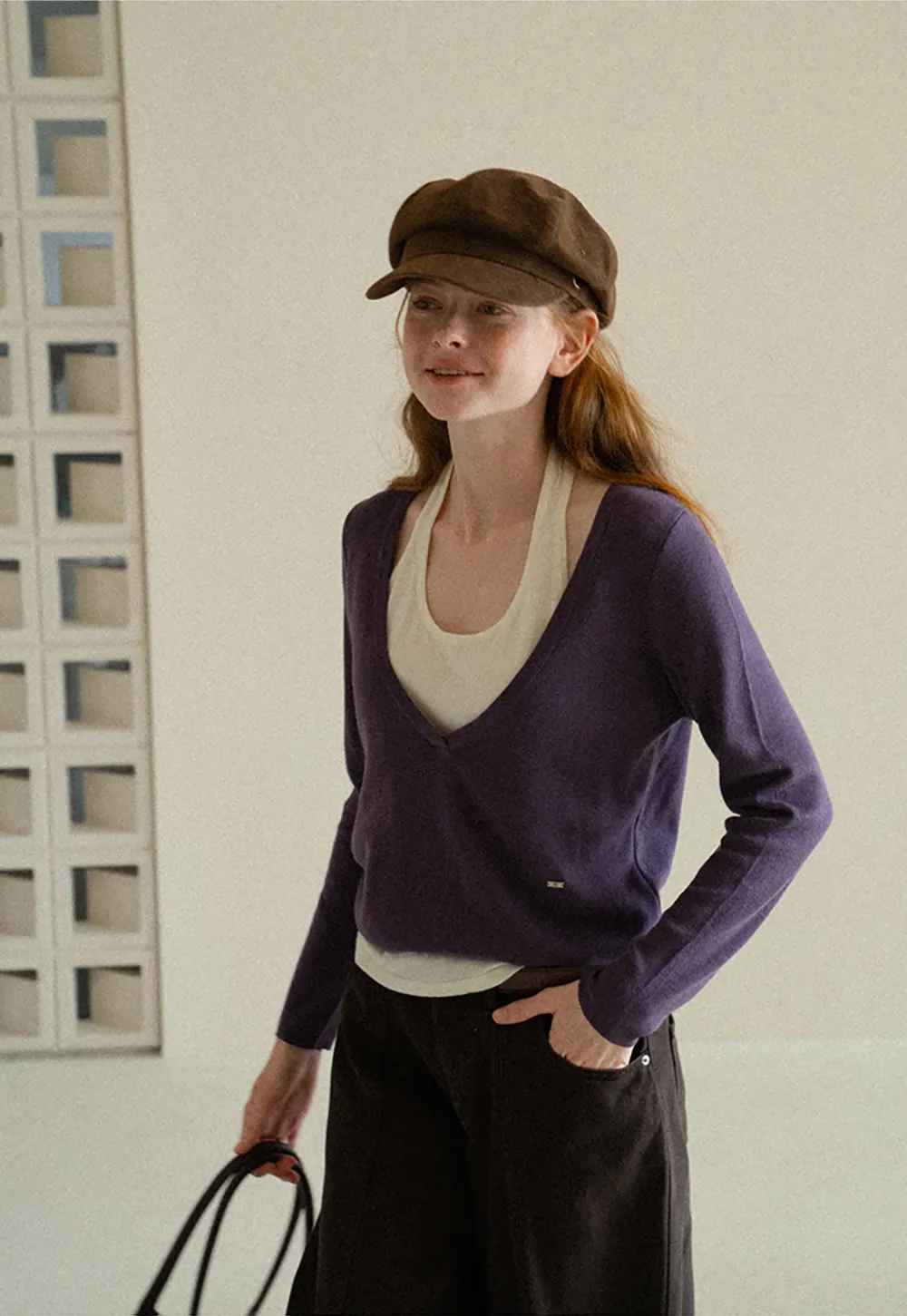 V Neck Cropped Woolen Knit Sweater