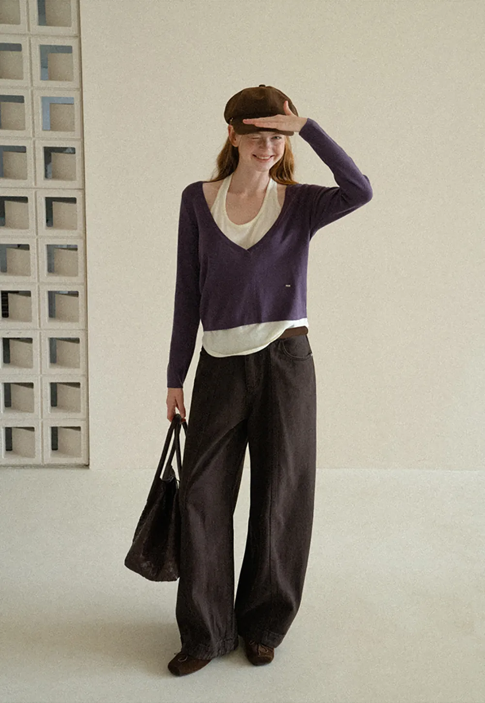 V Neck Cropped Woolen Knit Sweater