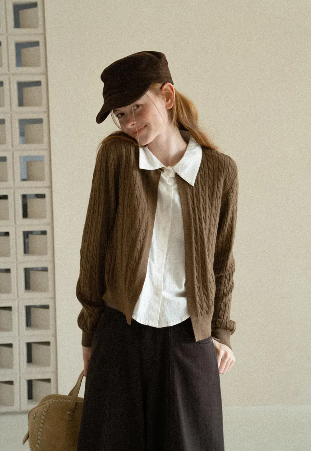 Cable Knit Cardigan with Collar Detail